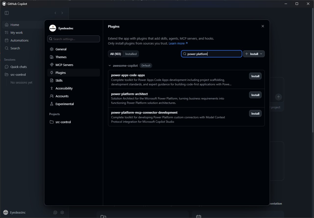 The Plugins page in the GitHub Copilot desktop App settings, searched for power platform. The default awesome-copilot source lists 103 plugins, with power-apps-code-apps, power-platform-architect, and power-platform-mcp-connector-development each showing an Install button.