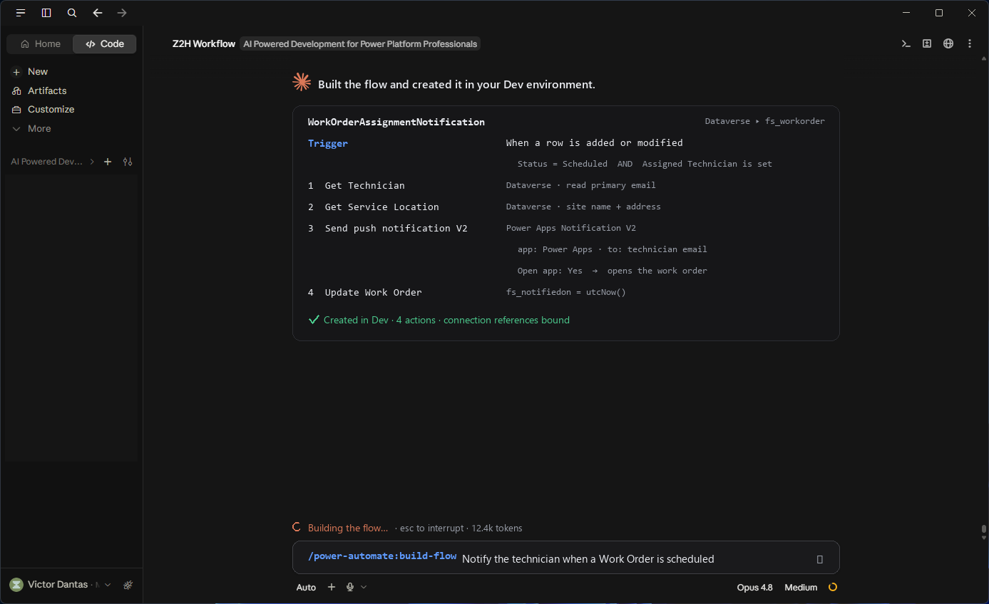Claude Code building the WorkOrderAssignmentNotification flow from Chapter 4 in a Dev environment.