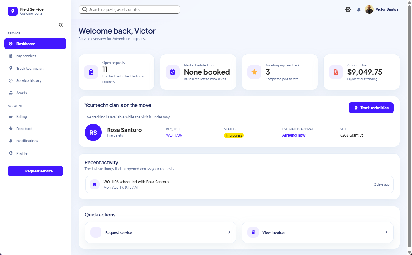 The rebuilt Field Service customer portal dashboard from Chapter 5.