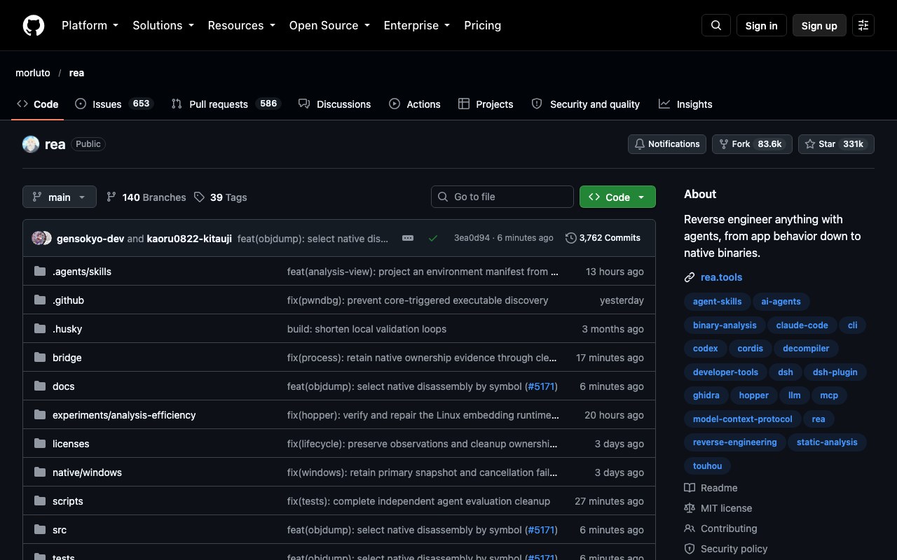 The morluto/rea repository on GitHub: Reverse engineer anything with agents, from app behavior down to native binaries. MIT license.